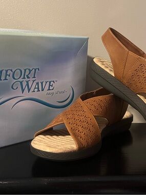 easy street Tan Perforated Slide Sandals